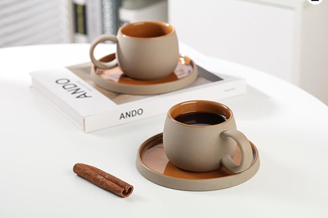 Elegant 4-Piece Brown Ceramic Coffee Cups and Saucers Set wholesale in China