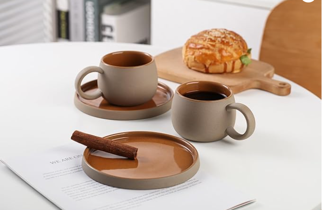 Elegant 4-Piece Brown Ceramic Coffee Cups and Saucers Set wholesale in China