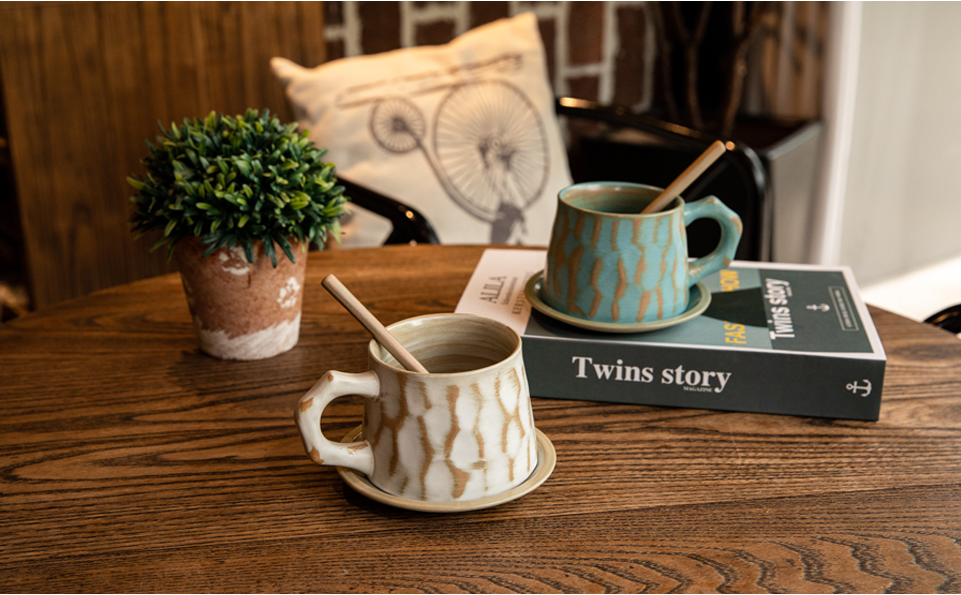 Rustic Coffee Ceramic Mug with Saucers