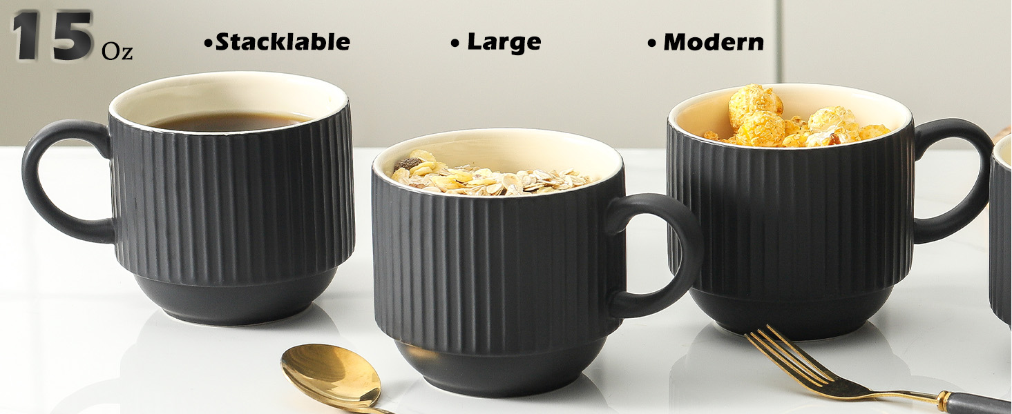 15 oz Stackable Large Porcelain Ribbed Latte Cup Set