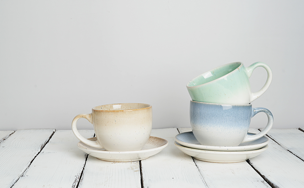 Ceramic Cappuccino Cup and Saucer Set of 2