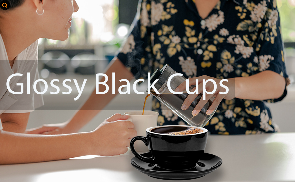 Ceramic Glossy Black Cappuccino Cups with Saucers