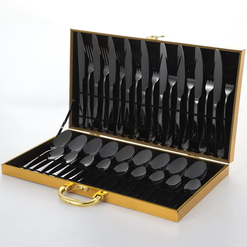 Stainless Steel Knife Fork Spoon 36pcs 48pcs Gift Golden Wooden Box Set