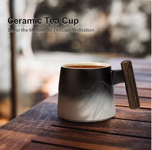 Raw Wood Handle Ceramic Tea Mug with Infuser and Lid Wholesale