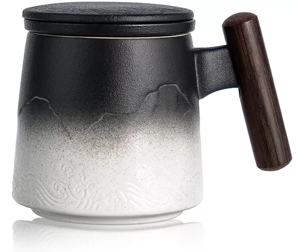 Raw Wood Handle Ceramic Tea Mug with Infuser and Lid Wholesale