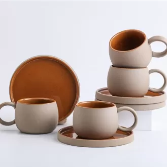 Elegant 4-Piece Brown Ceramic Coffee Cups and Saucers Set wholesale in China