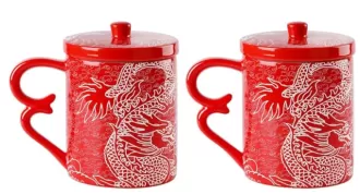 Chinese Dragon Porcelain Red Mugs Cups with Lids