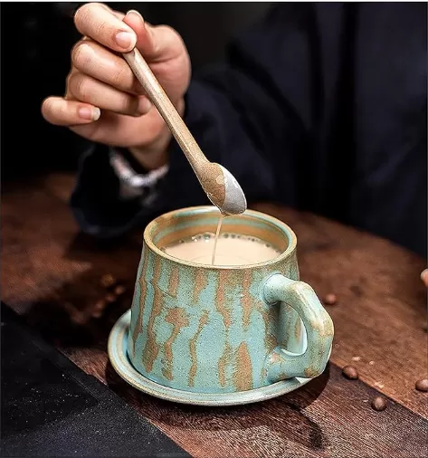 Rustic Coffee Ceramic Mug with Saucers