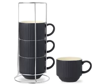 15 oz Stackable Large Porcelain Ribbed Latte Cup Set