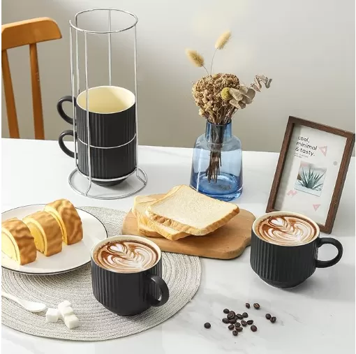 15 oz Stackable Large Porcelain Ribbed Latte Cup Set