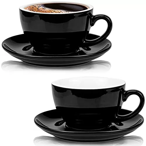 Ceramic Glossy Black Cappuccino Cups with Saucers