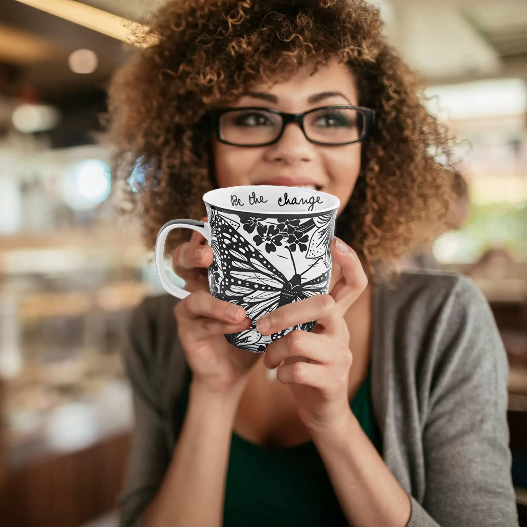 Black and White Boho Ceramic Mug Butterfly