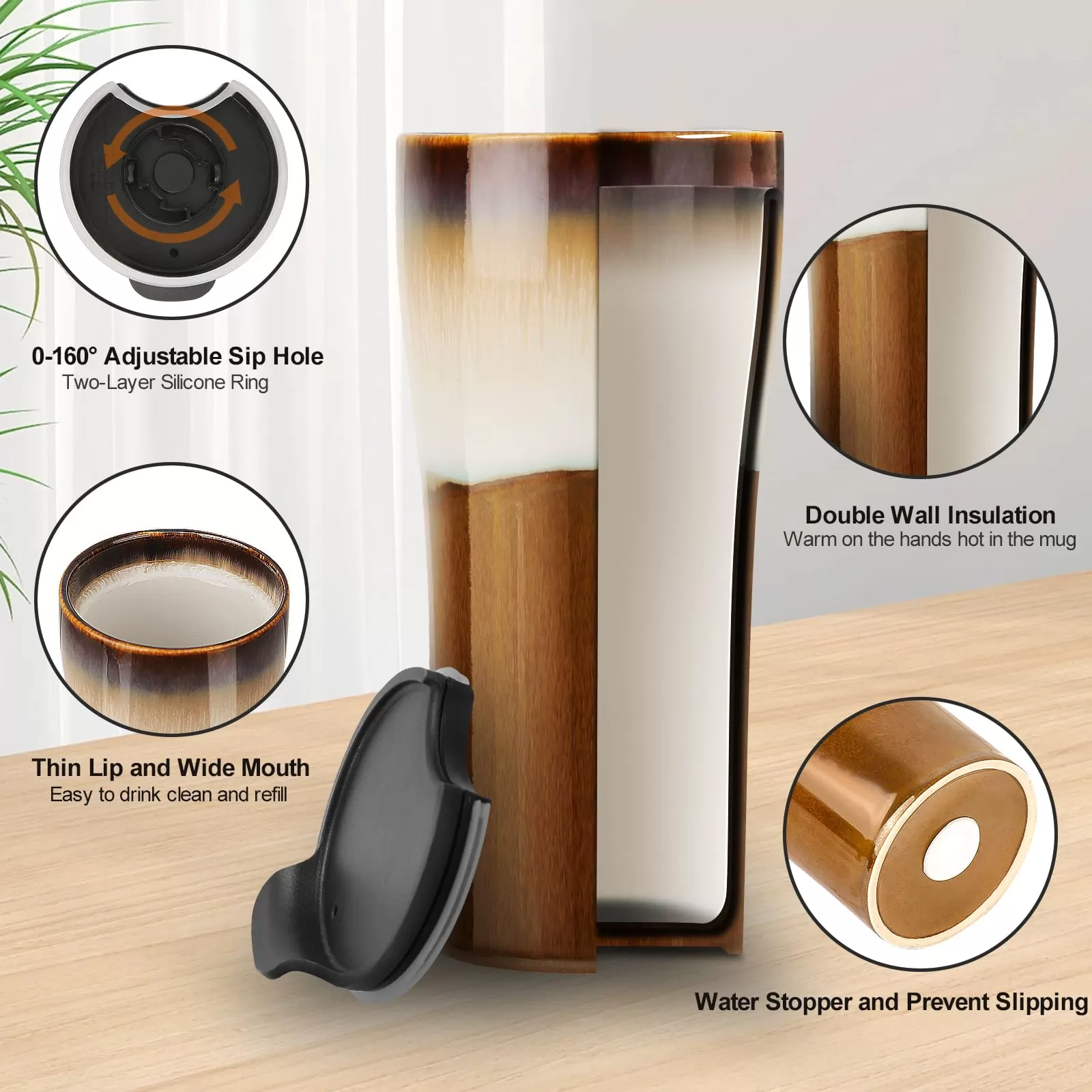 Double Wall Ceramic Travel Coffee Mug with Lid