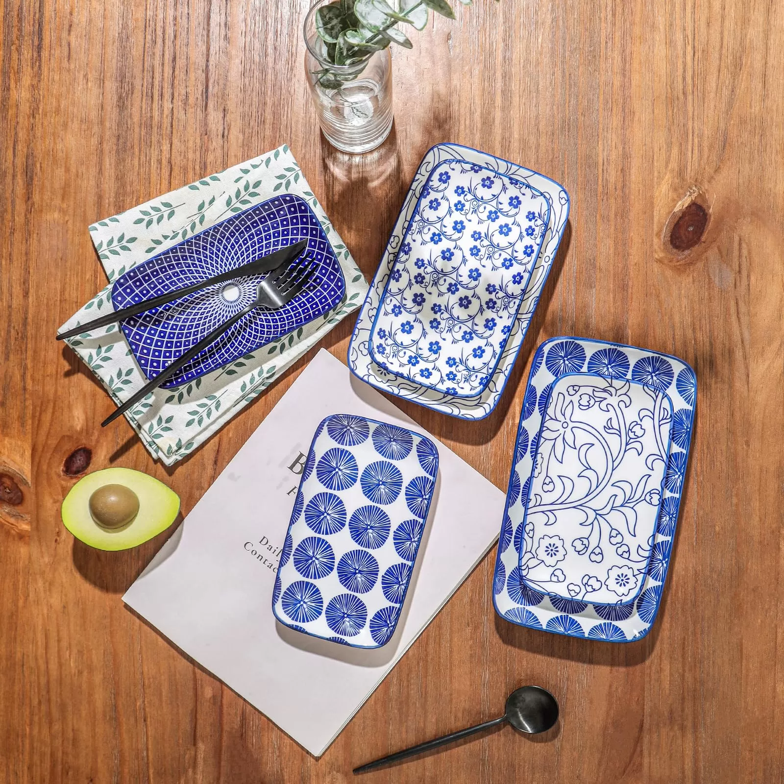 Vintage Blue Rectangular Salad Ceramic Plates