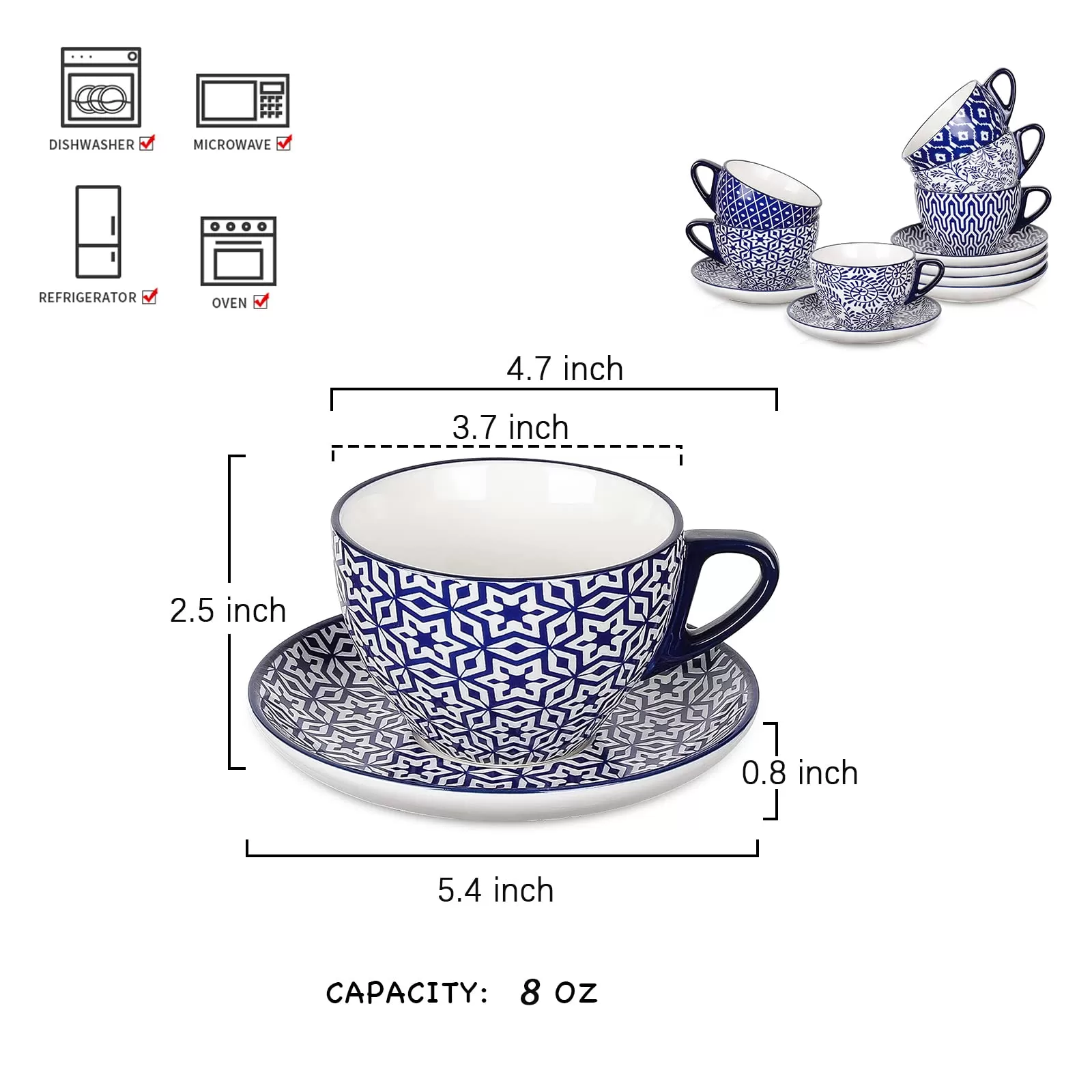 Ceramic 8 oz Cappuccino Cup Set with Saucers