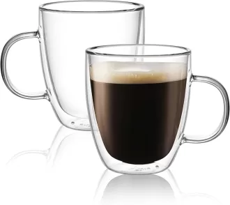 Large Double Wall Glass Coffee Mug 17 oz,Insulated Glass Coffee Cups with Handle,Set of 2