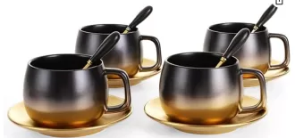 Tea Coffee Cup Set Black Gold Gradual Vintage Ceramic Cup Coffee Mug With Spoon&Saucer Set