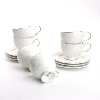 Fine Porcelain Unique Embossed Rose Tea Cups and Saucers set of 6 Special Handmade Gold Line Ceramic Cup for Cappucino