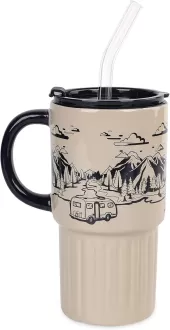 Ceramic Travel Mug with Lid and Straw